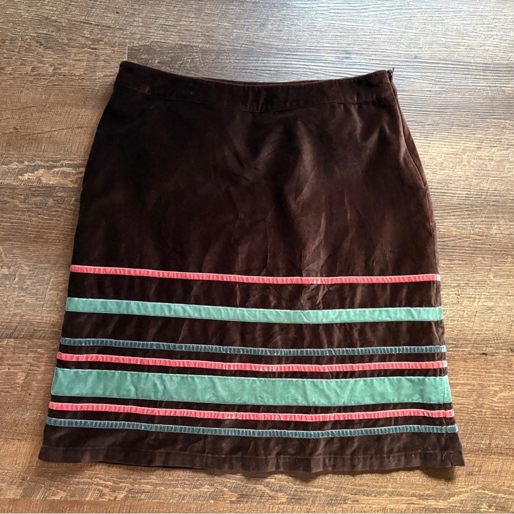 BODEN brown velvet pencil skirt with colorful ribbon detailing preppy sz 10 EUC